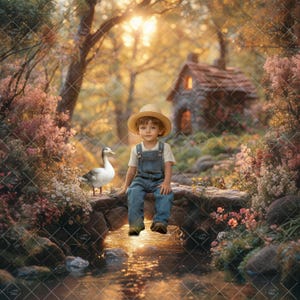 May include: A young boy wearing overalls and a straw hat sits on a stone bridge over a stream. A white duck stands beside him. The background features a small cottage and lush greenery.