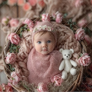 Add Baby Face Digital Photo Prop Composite, PNG Newborn Photography, Flowers Newborn Digital, Teddy Digital Backdrop, Bear Newborn Girl