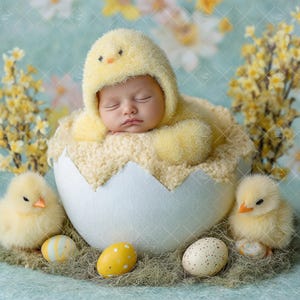 May include: A sleeping baby in a yellow chick costume nestled in a white eggshell, surrounded by yellow chicks and decorated eggs. The background features yellow flowers and a soft blue backdrop, creating a springtime theme.