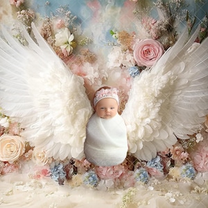 Angel Wings Background, Girl prints instant photography, Newborn Angelic Wings Digital Backdrop, Newborn Digital Composite, Floral Backdrop