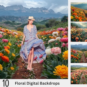 10 Floral Digital Backdrops, Outdoor Field of Flowers for Wedding, Maternity, Flowers Photoshop, Fine Art, Portrait Photography Overlays,