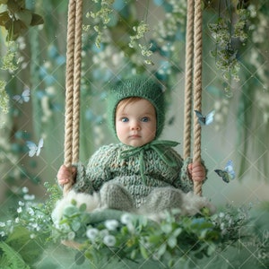 Może przedstawiać: Dziecko w zielonym dzianym kapeluszu i swetrze siedzi na huśtawce otoczonej zielenią i niebieskimi motylami.
