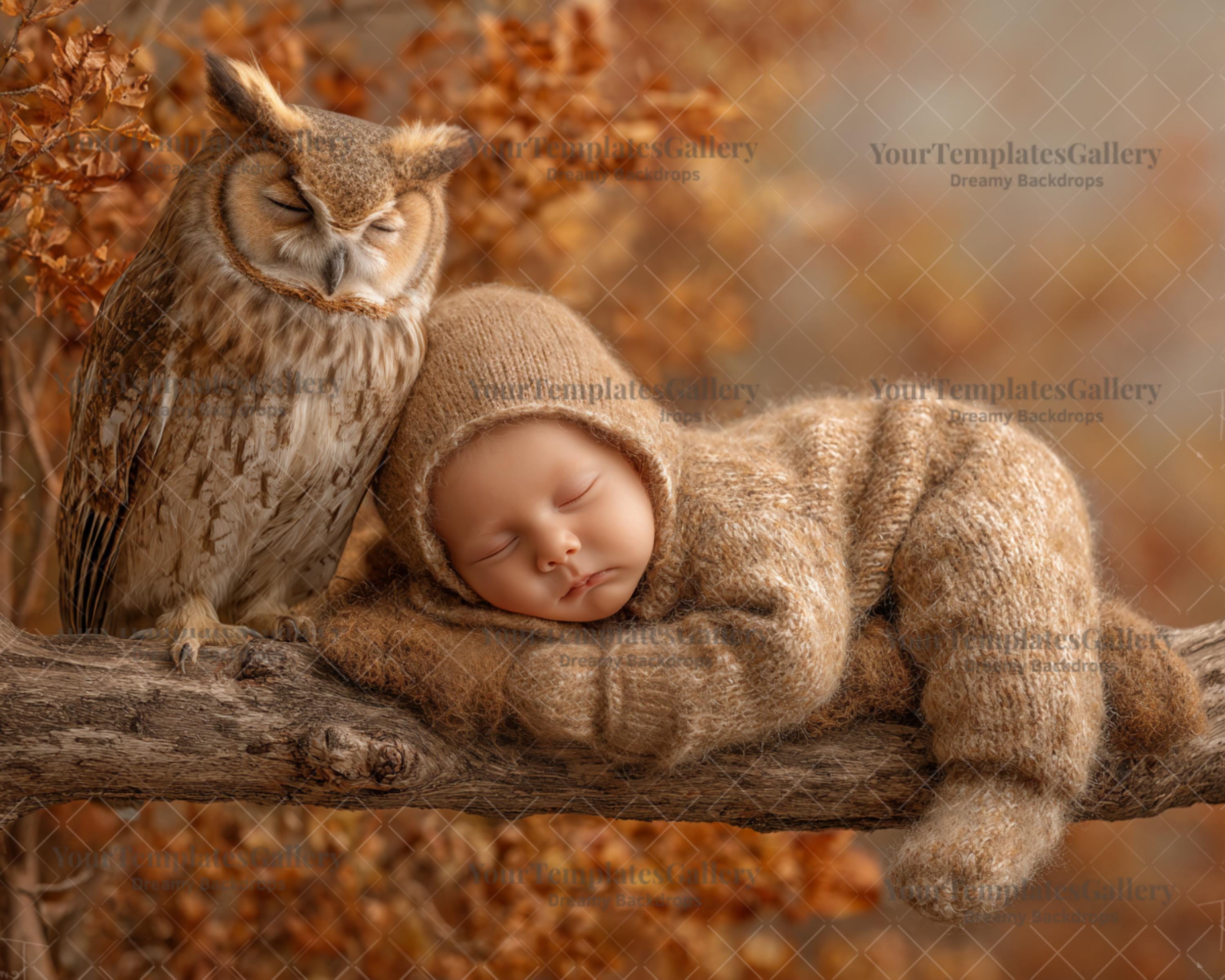 Fall Newborn Digital Backdrop with Owl – Baby Face Insert for Boy or Girl – Tree Branch 
