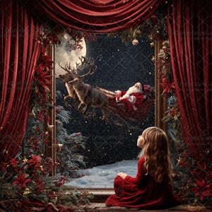 Santa’s Sleigh and Reindeer Window Digital Backdrop, Christmas Background, Holiday Photoshop Overlay, Xmas Composite Template + Snow