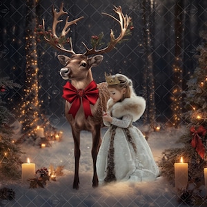 Christmas Reindeer Digital Backdrop, Winter Forest Photography Background, Candle Lights and Snow Scene, Holiday Photo Composite for Kids