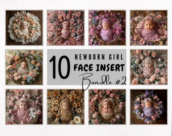 10 Baby Girl Newborn Digital Backdrops, Face Insert Newborn Background, Floral Composite Bundle, Add face Poppet Prop Overlay, Photography