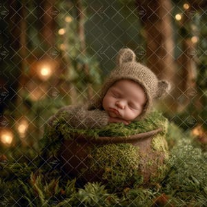 Op de afbeelding: Een slapende baby met een gebreide bruine berenmuts en bijpassende outfit, genesteld in een met mos bedekte pot. De achtergrond heeft zachte bokeh-lichten en groen, waardoor een serene bosachtige scène ontstaat.