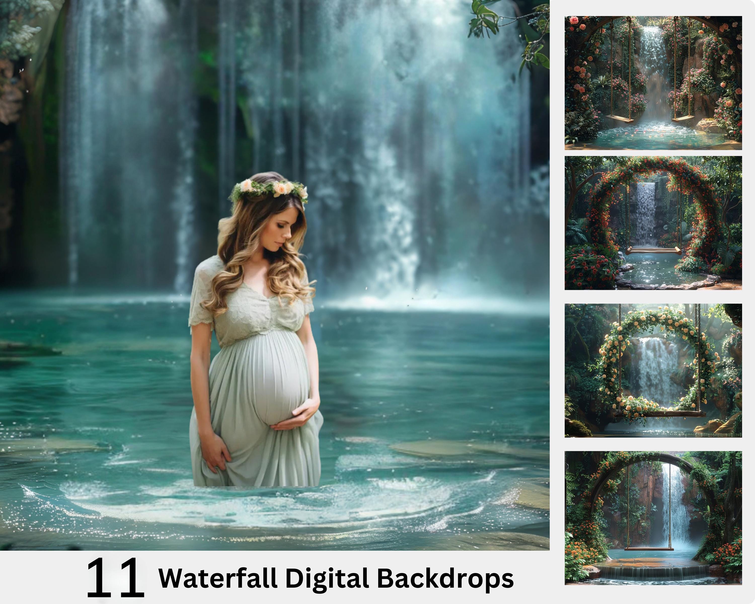 11 Waterfall Digital Background, Digital Swing Backdrop, Maternity Digital Backdrop, Floral Swing Digital, Water Scene, Outdoors Floral Arch