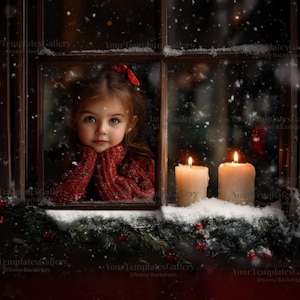 Vintage Christmas Window Digital Backdrop, Holiday Window Background for Family & Children Photography, Creative Composite Overlay + Snow