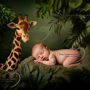 May include: A newborn baby sleeps peacefully on a green textured surface, surrounded by lush green foliage. A giraffe with brown and tan spots stands nearby, creating a jungle-themed backdrop. The image has a soft, dreamy quality.