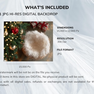 May include: Digital backdrop image with a Christmas theme. The image includes a fluffy, white, circular nest, a decorated Christmas tree, and two wrapped gifts. Text on the image states "WHAT'S INCLUDED", "1 JPG HI-RES DIGITAL BACKDROP", and dimensions of 15,000 x 12,000 Px.