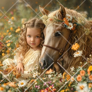 Horse Backdrop Photography, Floral Field Blossom, Nature Background, Floral Autumn, Spring Digital Download, Creative Composite,  Photoshop,