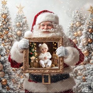 Santa Photo Frame Digital Backdrop, Santa Holding an &#39;Insert-Your-Own-Image, Christmas Themed Digital Background, Instant Download PNG,