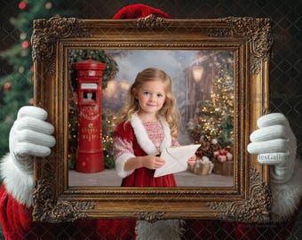 May include: A framed Christmas scene featuring a young girl holding a letter, framed by an ornate gold frame. The background shows a red postbox, Christmas trees, and a snowy street scene. The frame is held by a person in a Santa suit.