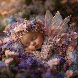 Könnte beinhalten: Ein schlafendes Baby mit Blumenkrone und Feenflügeln, eingebettet in bunte Blumen. Das Baby trägt einen Strickpullover, umgeben von lila, rosa und blauen Blüten, was eine skurrile und bezaubernde Szene schafft.