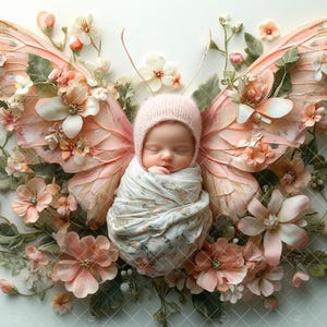 Newborn Face Insert, Butterfly Baby Photo Portrait, Floral Digital Backdrop, PNG Newborn Photography, Add Baby Digital Photo Prop Composite