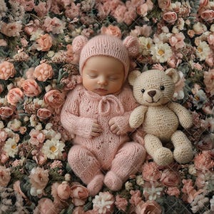 Newborn Digital Backdrop Face Insert, Baby Pink Bear Flowers, PNG Add Face, Photo Prop Composite, Photoshop Fine art, Background for Girl