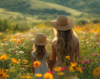 Retrato de maternidad al aire libre, fotografía digital de fondo, fondo de naturaleza primaveral, composición fotográfica, campo de flores silvestres en Photoshop