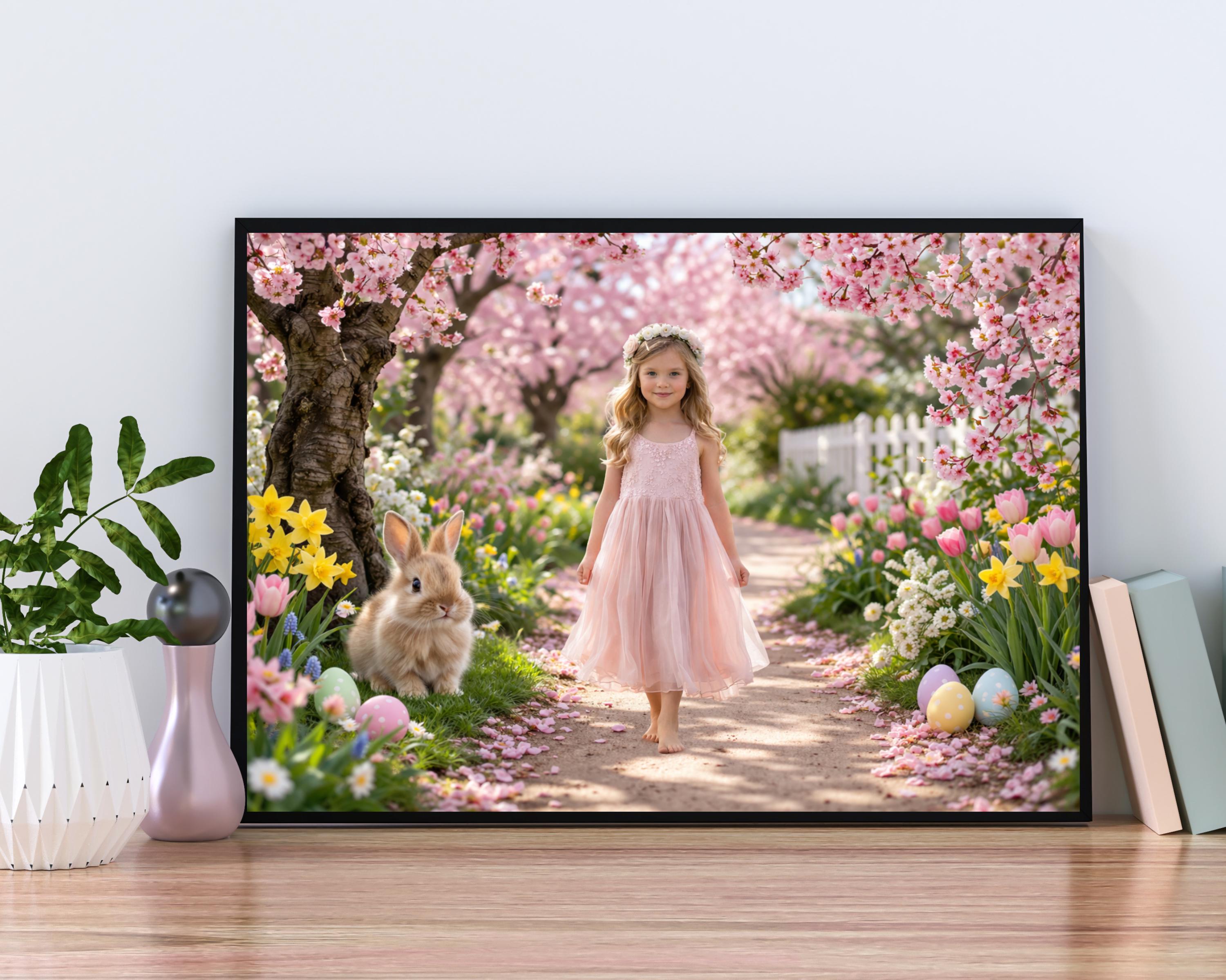 Easter Background Path Spring Easter Bunny Digital Backdrop, Blossom Garden Path Background ...