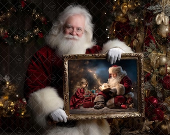 May include: Santa Claus holding a framed picture. The picture depicts Santa reading to a child. Santa is wearing a red velvet suit with white fur trim and gloves. The background includes a Christmas tree and decorative lights.