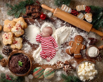 Christmas Cookie Baking Newborn Digital Backdrop, Snow Angel Cookie Cutter, Gingerbread Baby Photography, Holiday Kitchen Flour Scene