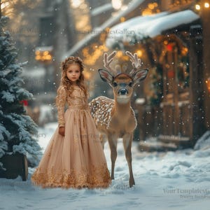 Reindeer in village Digital Backdrop, Christmas Photography, Deer Composite, Fantasy Photo Download, Background, Enchanted Winter Portrait