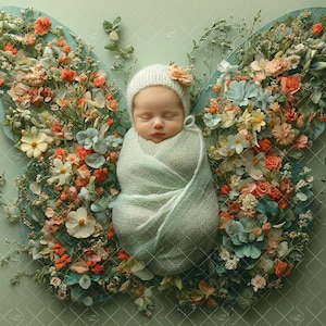 Newborn Face Insert, Butterfly Baby Photo Portrait, Floral Digital Backdrop, PNG Newborn Photography, Add Baby Digital Photo Prop Composite