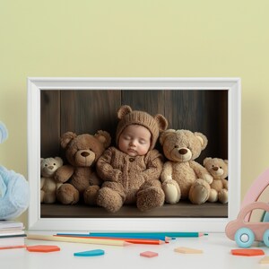 K&ouml;nnte beinhalten: Ein gerahmtes Bild eines schlafenden Babys in einem braunen B&auml;renkost&uuml;m mit passendem Hut, umgeben von Teddyb&auml;ren. Der wei&szlig;e Rahmen steht auf einem Regal. Weitere Spielzeuge, darunter ein blauer Teddyb&auml;r, befinden sich im Vordergrund.