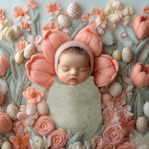 Spring Newborn Digital Backdrop, Face Insert, Baby Girl Photo Composite, Easter Portrait Background, Add Face, Faceless, Floral Peach Flower