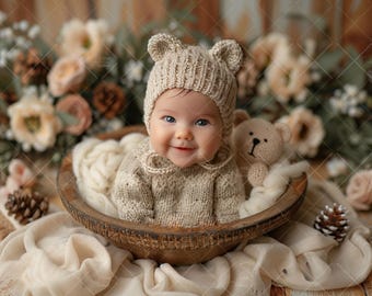 Fondo digital de osito de peluche color crema para recién nacidos, fondo con inserto facial para recién nacidos, compuesto de utilería fotográfica, primavera para recién nacidos, fondo digital con flores para recién nacidos