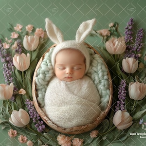 Easter Bunny Digital Background, Spring Newborn Backdrop, Face Insert Photo, Photography Baby Portrait, Rabbit, Add Face, PNG Floral,