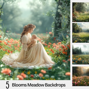 May include: A woman in a white dress holds a baby in a field of flowers. The background is a blurred image of a forest. The image is labeled "5 Blooms Meadow Backdrops".