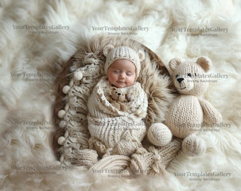 Newborn Backdrop, Photography Face Insert, Add face Poppet Prop, Digital Photo, Background Composite, Baby Gil & Boy, Teddy Toy, Photoshop