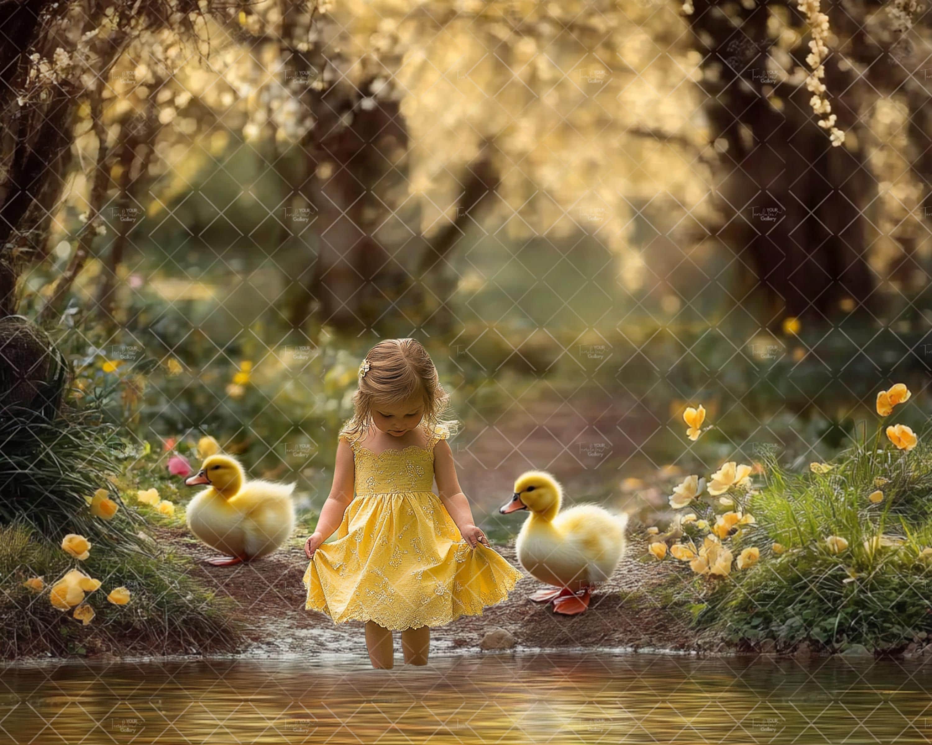 Spring Digital Backdrop Composite, Duck Pond With Flowers,  Nature Outdoors Photoshoot,  Easter  Background Photography, Sutido Portrait,