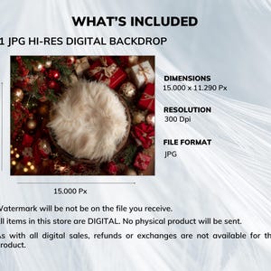May include: Digital backdrop image with a festive Christmas theme. The image includes a fluffy, cream-colored nest surrounded by red and gold ornaments, gifts, and greenery. Text on the image reads "WHAT'S INCLUDED" and "1 JPG HI-RES DIGITAL BACKDROP".