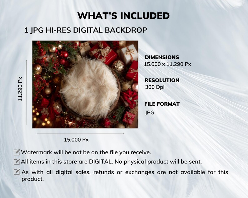 May include: Digital backdrop image with a festive Christmas theme. The image includes a fluffy, cream-colored nest surrounded by red and gold ornaments, gifts, and greenery. Text on the image reads "WHAT'S INCLUDED" and "1 JPG HI-RES DIGITAL BACKDROP".