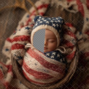 May include: A newborn baby wrapped in a red, white, and blue knitted blanket and matching hat, resembling the American flag. The baby is nestled in a wooden bowl, creating a patriotic theme. The hat features white stars on a blue background.