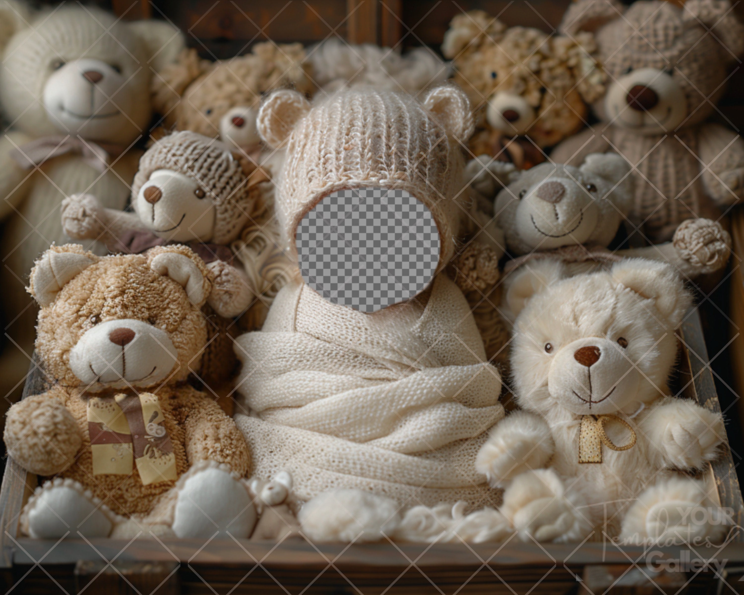 Teddy Bear Newborn Digital Backdrop, PNG, Add Face Replace, Knitted ...