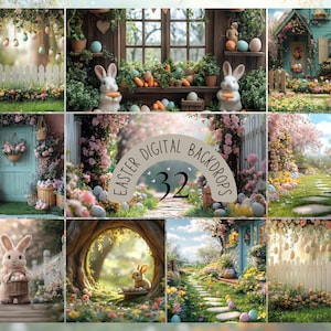 May include: A digital backdrop set of 32 Easter-themed images featuring bunnies, eggs, flowers, and spring scenes. The images are ideal for photographers and crafters looking to create unique and festive backgrounds.