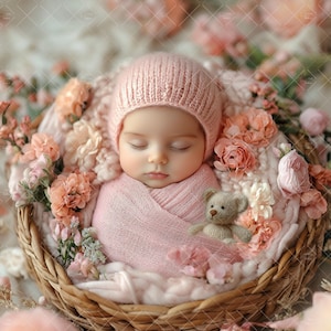 Newborn Digital Backdrop Face Insert, PNG Baby Girl Photography, Add face Photo Prop Composite, Floral Backdrop, Baby Pink Teddy Bear