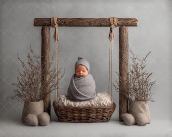 May include: A newborn baby wrapped in a gray blanket and hat, resting in a woven basket swing. The swing is suspended from a wooden frame with rope accents. Decorative plants in beige pots flank the swing, set against a gray backdrop.