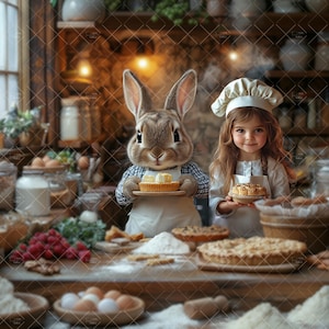 Easter Bunny Chef Digital Backdrop, Spring Background, Children Portraits, Bakery Photo Composite Download, Fun Creative Composite For Kids.