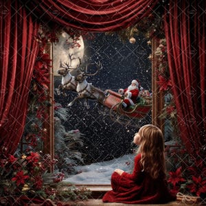 May include: A child with long hair wearing a red dress sits before a window framed by deep red curtains and poinsettias. Outside, a night sky features a full moon, falling snow, and Santa Claus in a sleigh pulled by reindeer in flight.