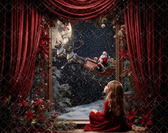 May include: A child with long hair wearing a red dress sits before a window framed by deep red curtains and poinsettias. Outside, a night sky features a full moon, falling snow, and Santa Claus in a sleigh pulled by reindeer in flight.