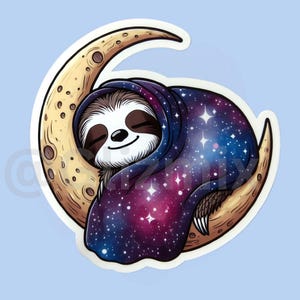 May include: A sticker featuring a cartoon sloth sleeping on a crescent moon. The sloth is wrapped in a blue and purple blanket with a starry galaxy design. The moon is tan with craters.