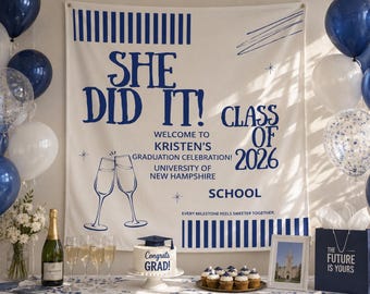 She Did It Class of 2026 Tapestry | Personalized Graduation Banner | Custom Grad Party Decor | Photo Wall Hanging