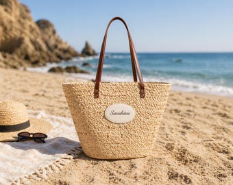 Personalized Straw Tote Bag | Custom Name Beach Bag | Coastal Summer Tote with Leather Handles | Bridal Gift