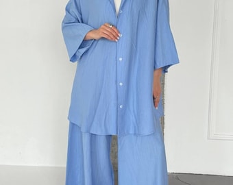 Blue Summer Linen Set Women, Oversized Shirt and Wide Pants, Light Two Piece Outfit, Relaxed Beach Clothing, Casual Vacation Set