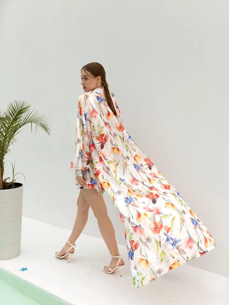 Boho Floral Kimono and Shorts Set – Sheer Lightweight Cover-Up with Double Shorts – Vacation Beach Outfit – Tencel Loungewear for Women