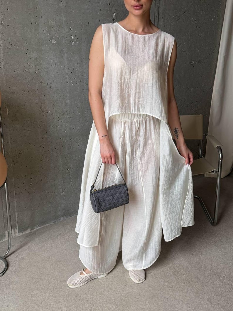 Ivory Viscose Tencel Set, Wide Leg Palazzo Pants Outfit, Oversized Sleeveless Tunic, Minimalist Summer Co Ord, Resort Wear